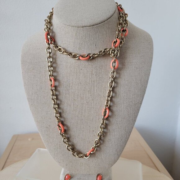 Coral Jeweled Chandelier Earrings & Matching Chain Necklace Set - Picture 6 of 13